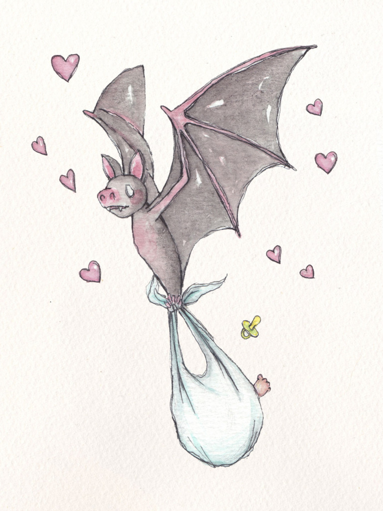 Watercolour and ink bat flying with a baby in a bundle, like a stork, surrounded by pink hearts, with a little dummy falling