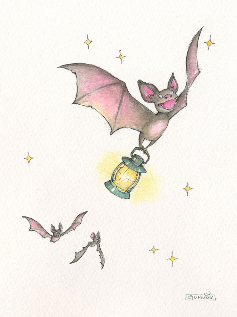 Watercolour and ink smiling bat carrying a glowing lantern through the night, with two small bats and golden stars around it