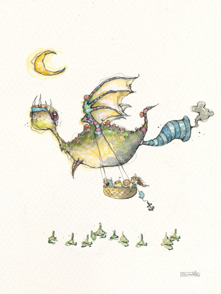 Watercolour and ink green dragon flying like an airship, carrying a little basket with a passenger, its striped tail puffing smoke, above tiny fir trees under a crescent moon