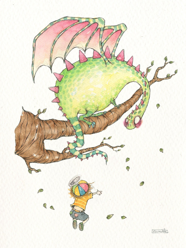 Watercolour and ink green dragon with pink wings and spikes lying on a tree branch, peering down at a small child in a striped hat reaching up to it among falling leaves