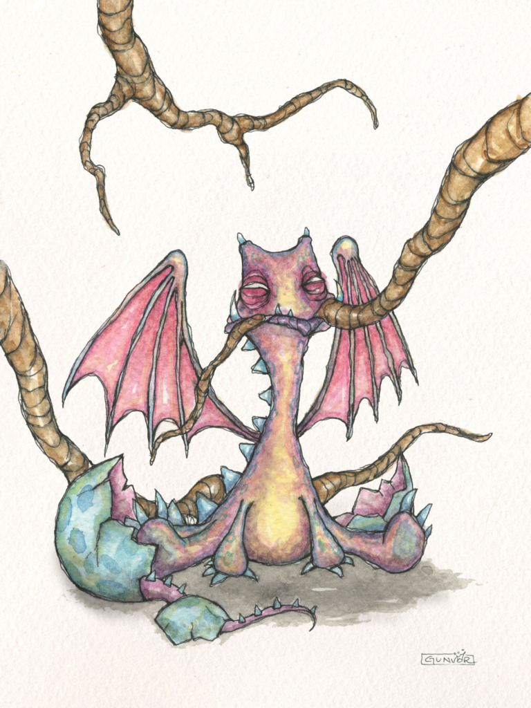 Watercolour and ink baby dragon Nidhogg with pink wings, just hatched from a blue egg, chewing on the gnarled roots of the world tree Yggdrasil