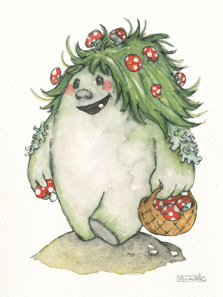 Watercolour and ink friendly green troll with shaggy hair full of red fly agaric mushrooms, smiling and carrying a basket of mushrooms