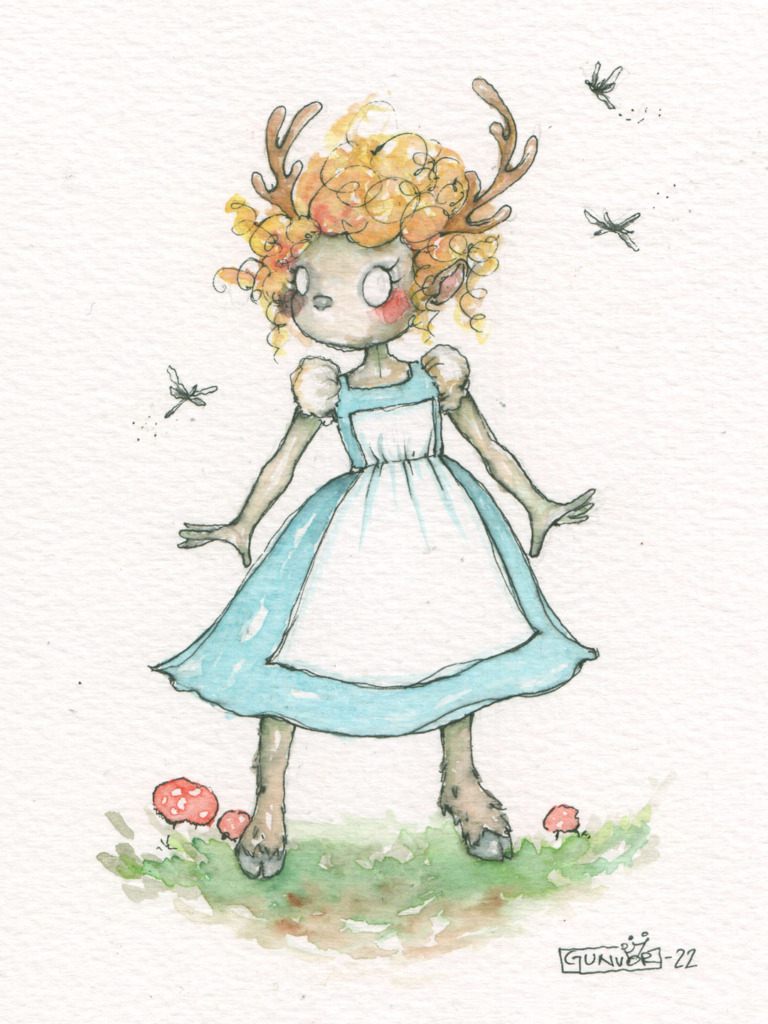 Watercolour and ink fawn girl with golden curls, little antlers and hooves, in a blue dress and white apron, standing on the grass with red mushrooms and dragonflies around her