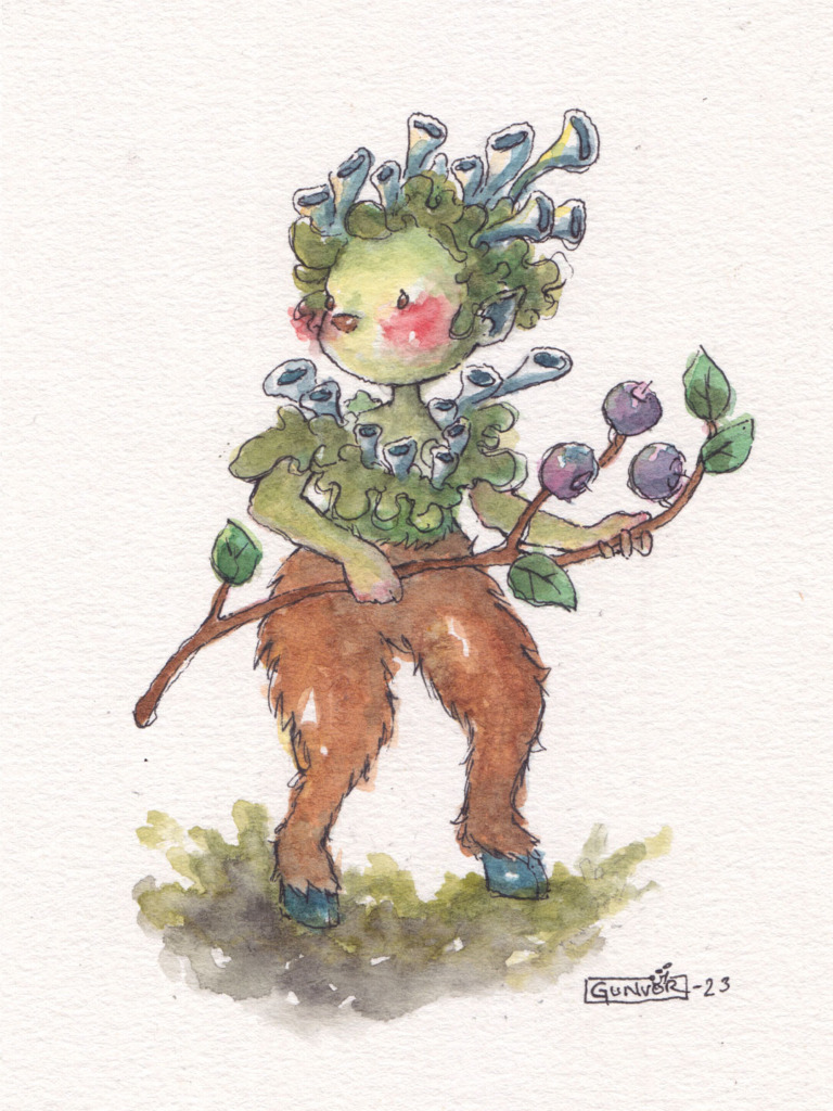 Watercolour and ink little forest faun with mossy green hair and blue cup lichen, furry goat legs, holding a blueberry branch