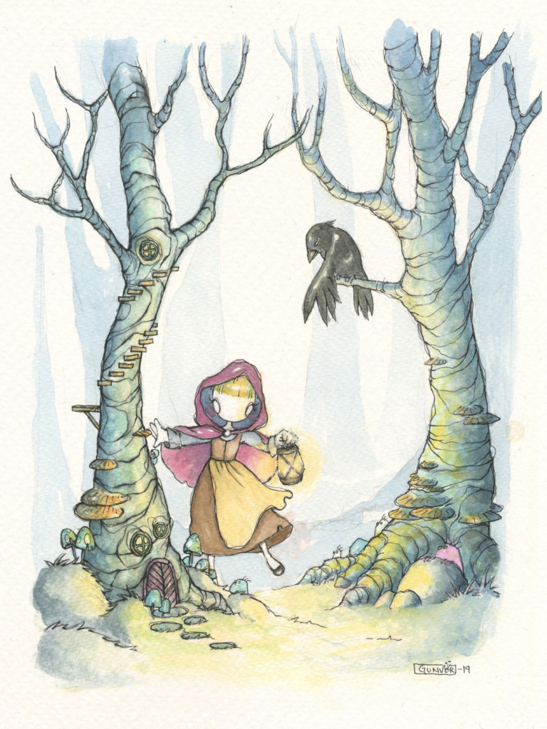 Watercolour and ink girl in a red hood carrying a lantern through a misty forest of mossy birch trees with fungi and tiny doors, watched by a raven on a branch