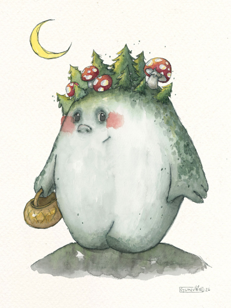 Watercolour and ink round mossy troll with little fir trees and red fly agaric mushrooms growing on its head, holding a small basket under a crescent moon