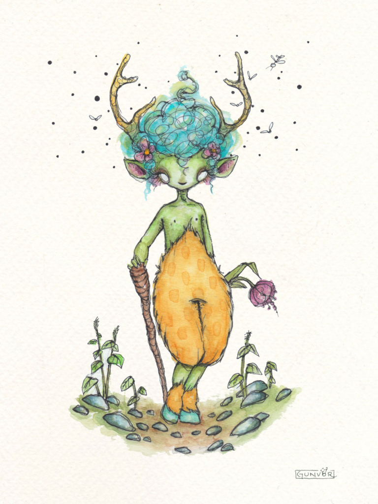 Watercolour and ink green forest spirit with antlers and curly blue hair with flowers, in golden fur leggings, leaning on a walking stick and holding a pink flower