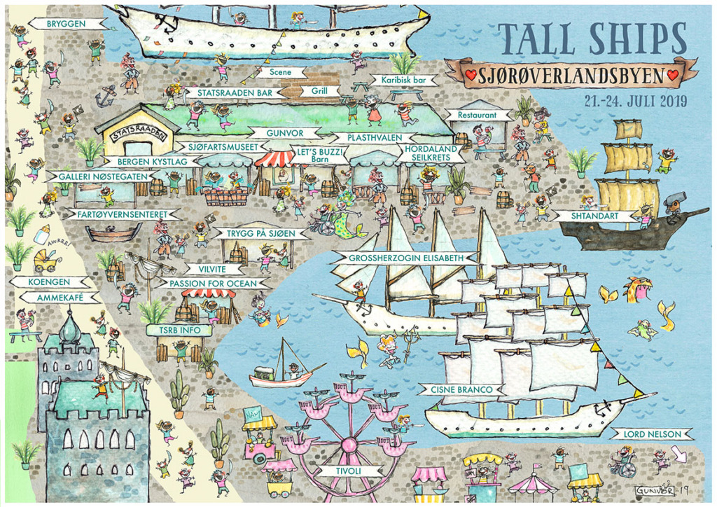Illustrated map of Sjørøverlandsbyen, the pirate village at the Tall Ships Races Bergen 2019