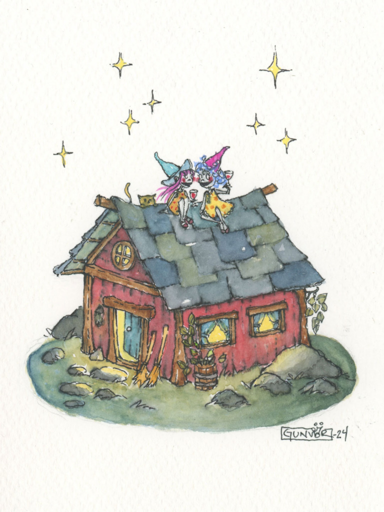 Watercolour and ink red witch cottage with a slate roof and glowing windows, two little witches sitting together on the roof and a cat peeking out, under golden stars