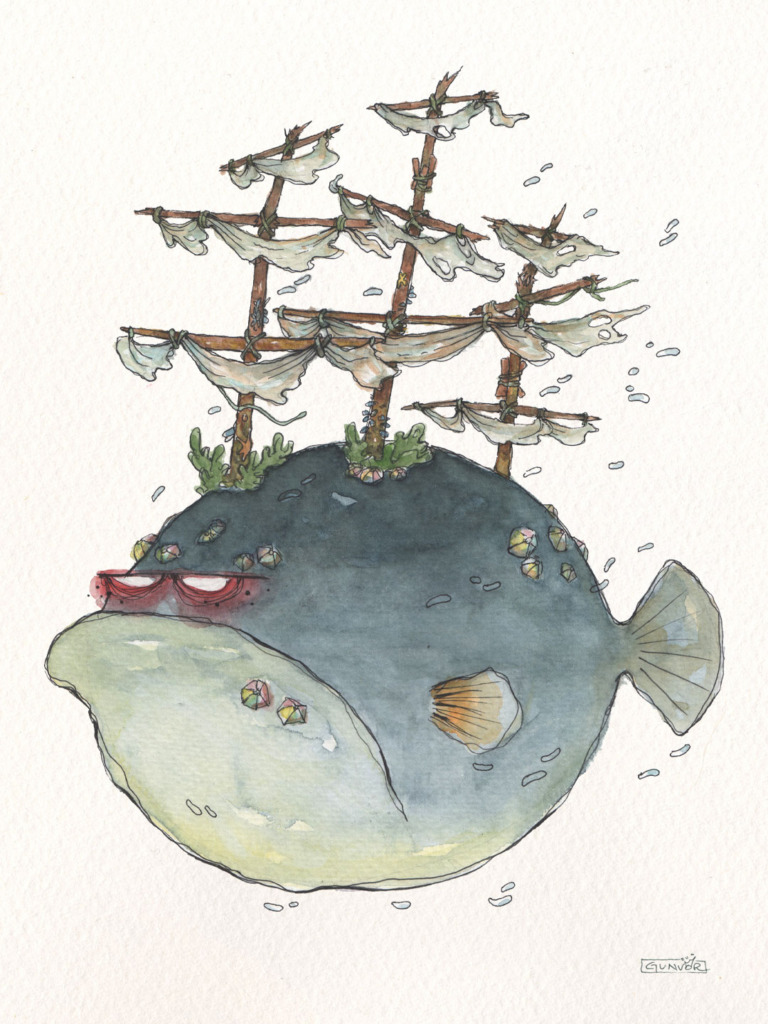 Watercolour and ink round blue-green fish with red lips, carrying the masts and billowing sails of the tall ship Statsraad Lehmkuhl on its back