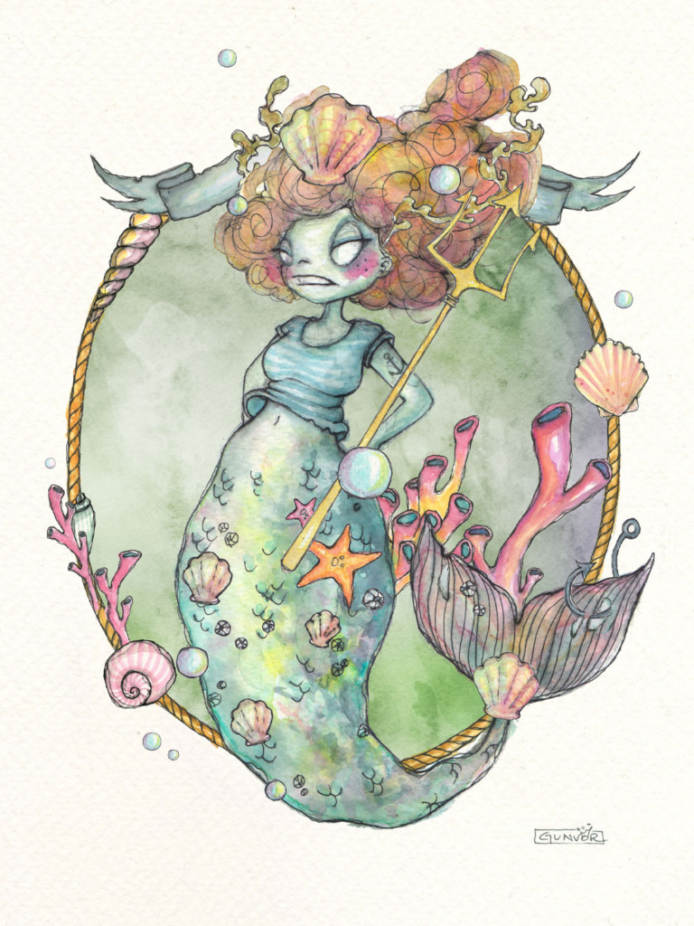 Watercolour and ink grumpy mermaid with curly red hair full of seashells, holding a golden trident in an oval rope frame with coral, starfish and bubbles
