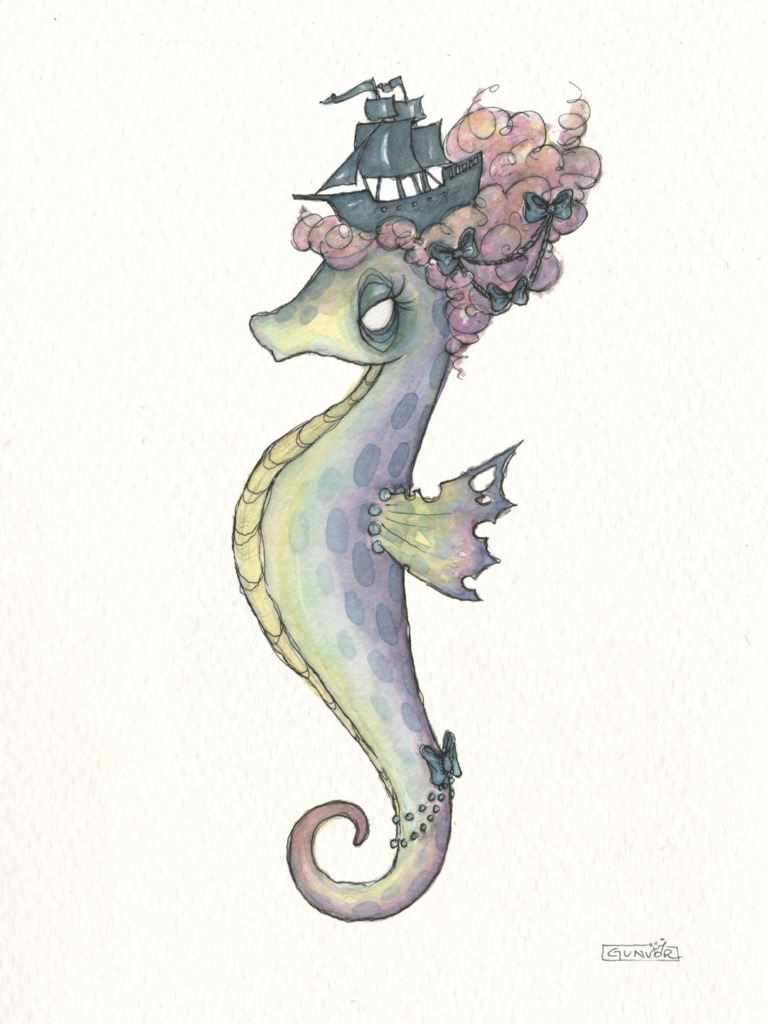 Watercolour and ink seahorse with a tall pink powdered wig in rococo style, topped with a little sailing ship and decorated with bows