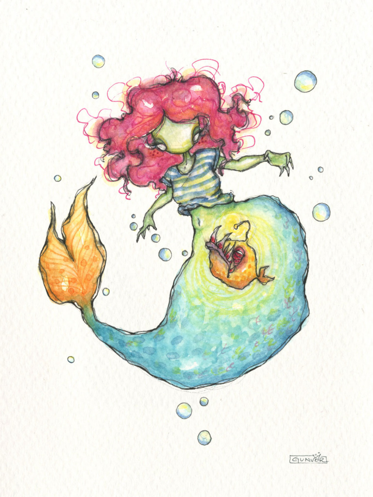 Watercolour and ink mermaid with wild pink curls and a striped top, a round blue-green tail with an orange fin and a little anglerfish, surrounded by bubbles