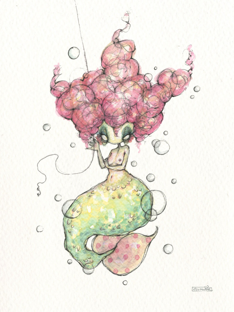 Watercolour and ink mermaid with an enormous cloud of pink curly hair, a green tail with pink spotted fins, holding a fishing line among floating bubbles