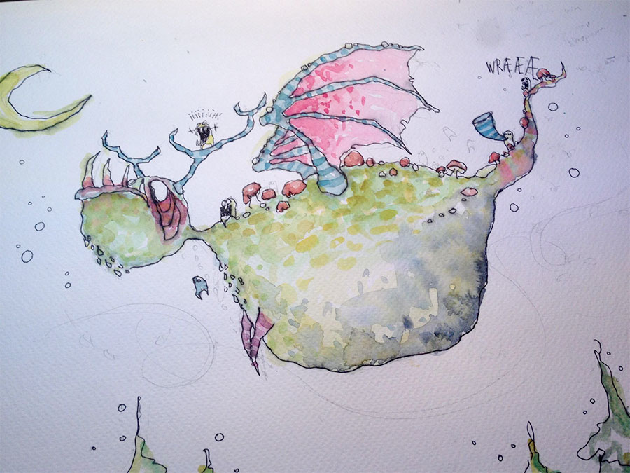 A dragon illustration drawn live during the first Monsterjazz concert at Moldejazz