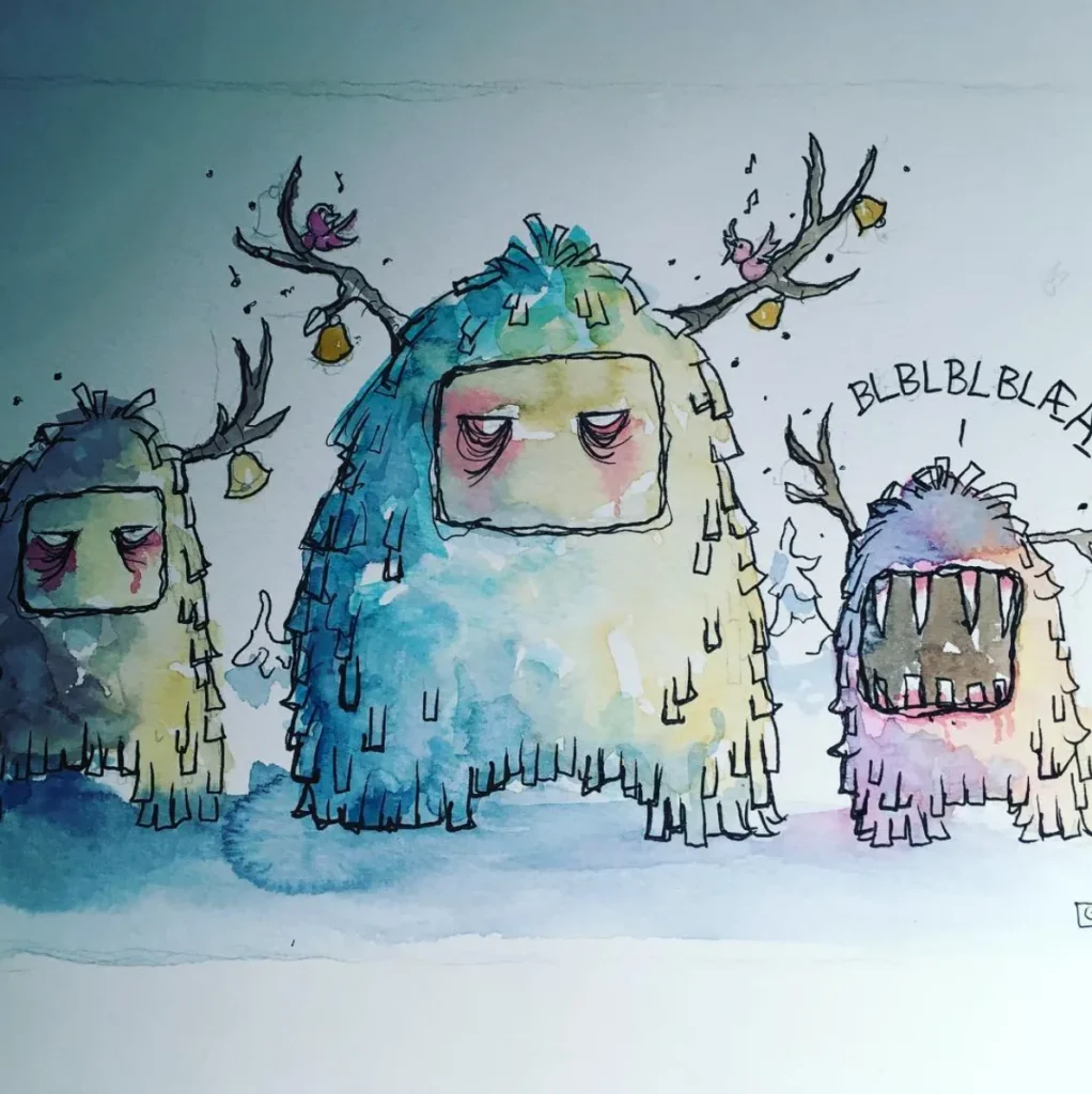 Three shaggy monsters with antlers in watercolour and ink, one saying blblblæ, drawn live on stage