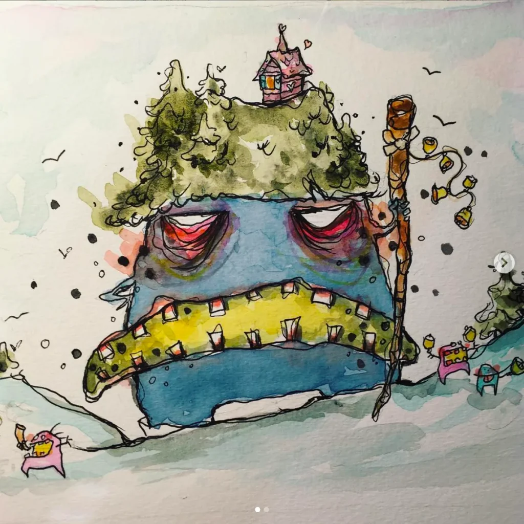 Watercolour and ink monster with a mossy roof and a tiny house on its head, holding a staff, drawn live to impro-jazz