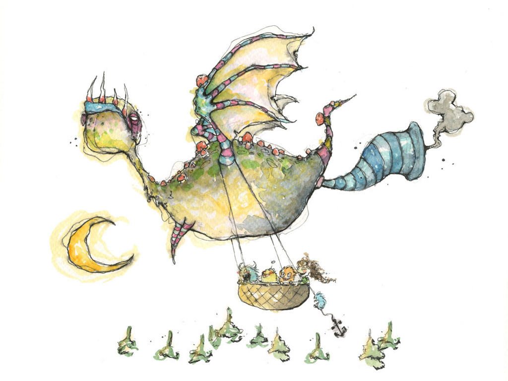 Watercolour and ink Norwegian dragon flying like a hot air balloon under a crescent moon, with musicians in a basket below and a striped chimney tail puffing smoke