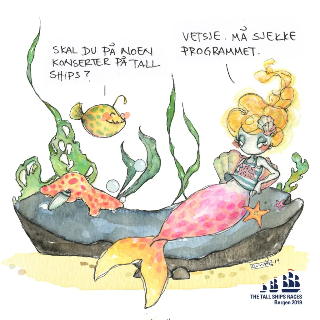 Campaign illustration: a mermaid in a tub asking about concerts at the Tall Ships Races