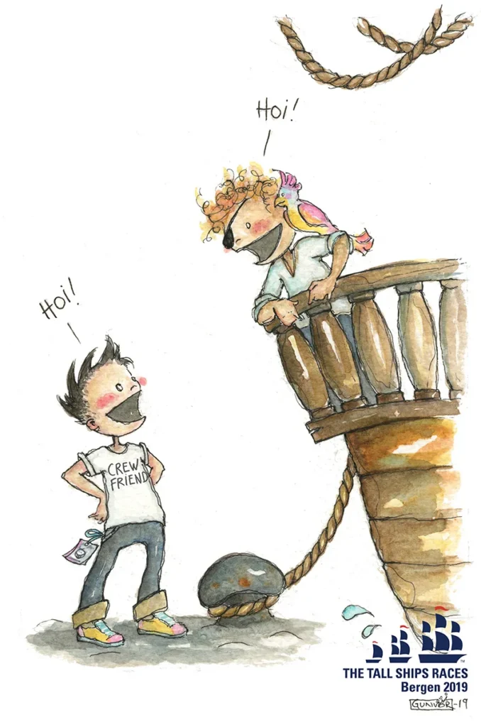 Campaign illustration: two children shouting Hoi from a ship’s bow and the quayside