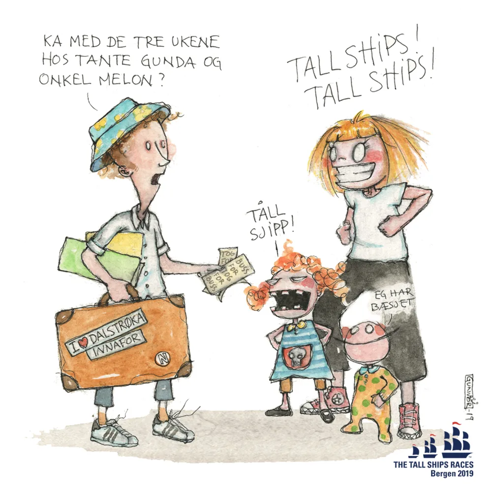 Campaign illustration: a family arriving for the Tall Ships Races with a suitcase