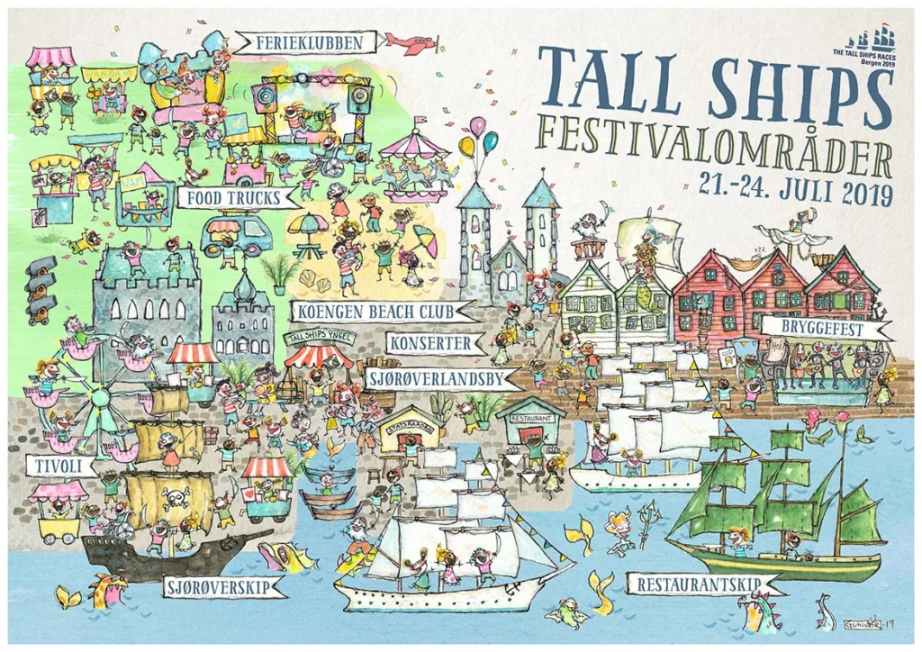 Illustrated festival map of Bergen for the Tall Ships Races 2019