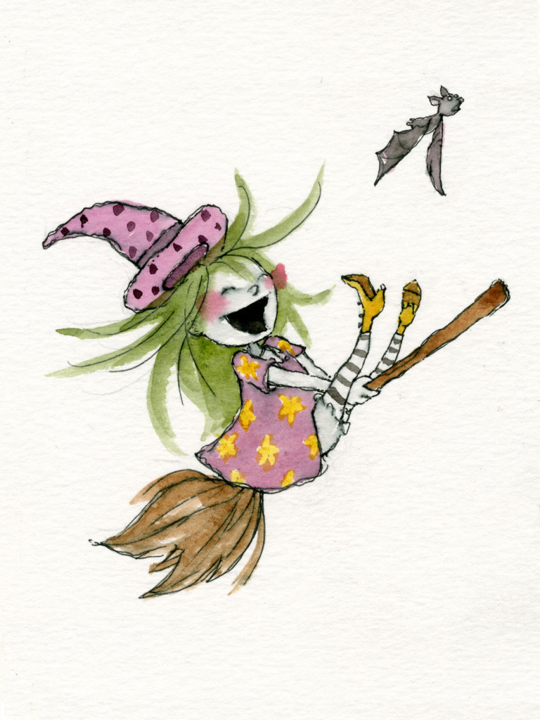 Watercolour and ink little witch with long green hair, a pink polka-dot hat and a pink dress with yellow stars, laughing as she flies on her broom with a bat