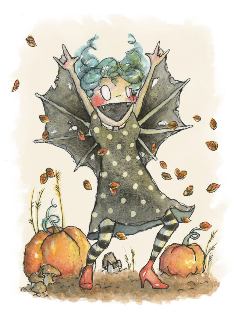 Watercolour and ink witch with curly blue-green hair and bat wings, in a dark polka-dot dress and red shoes, dancing among pumpkins and falling autumn leaves