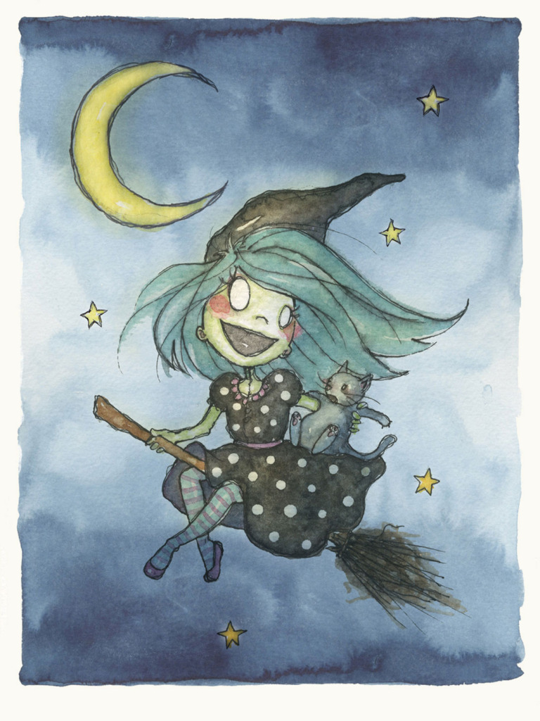 Watercolour and ink witch with long turquoise hair and a dark pointed hat, flying on her broom with a grey cat under a crescent moon and yellow stars in a deep blue night sky